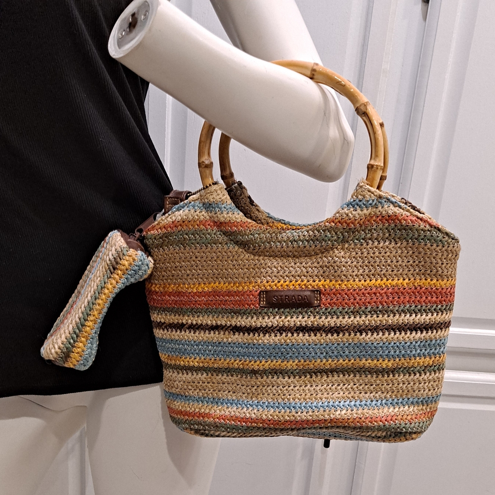 STRADA Multicolored Woven Crossbody Purse w/Round Bamboo Handles & Coin Purse